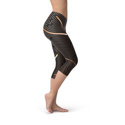 Womens Striped Lines Sports Brown Capri Leggings Clarke Vibe Store