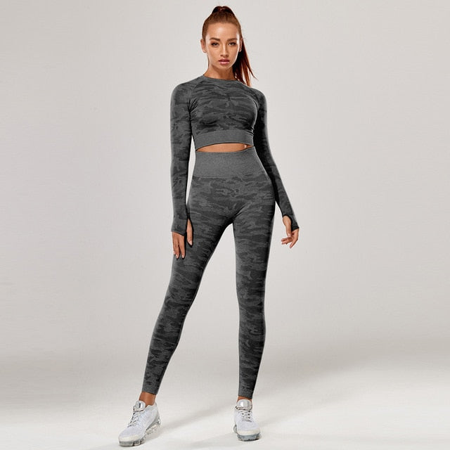 Yoga Set 2 Piece Sport Outfits Gym Activewear Long Sleeve Crop Top + Yoga Pants Running Leggings Suits Workout Tracksuits Vimost Shop