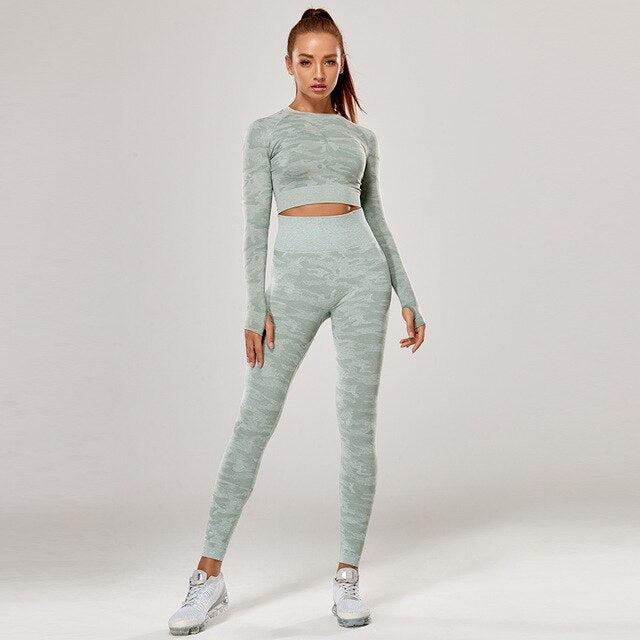 Yoga Set 2 Piece Sport Outfits Gym Activewear Long Sleeve Crop Top + Yoga Pants Running Leggings Suits Workout Tracksuits Vimost Shop