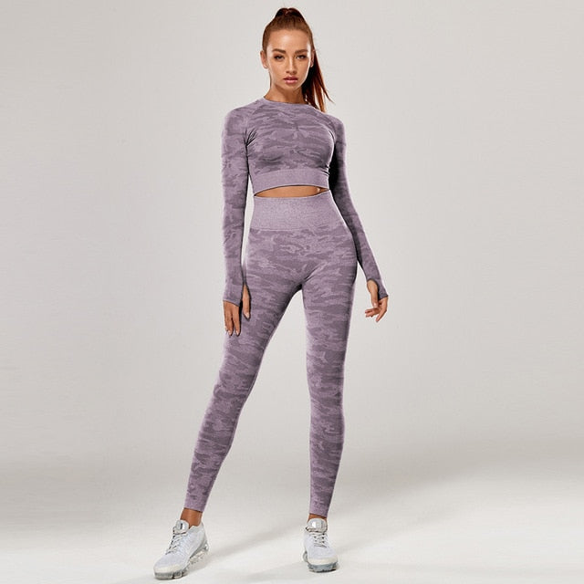 Yoga Set 2 Piece Sport Outfits Gym Activewear Long Sleeve Crop Top + Yoga Pants Running Leggings Suits Workout Tracksuits Vimost Shop