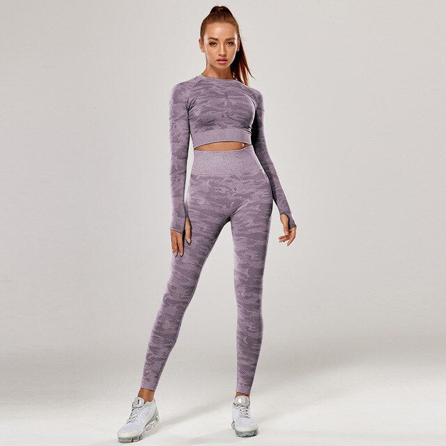 Yoga Set 2 Piece Sport Outfits Gym Activewear Long Sleeve Crop Top + Yoga Pants Running Leggings Suits Workout Tracksuits Vimost Shop