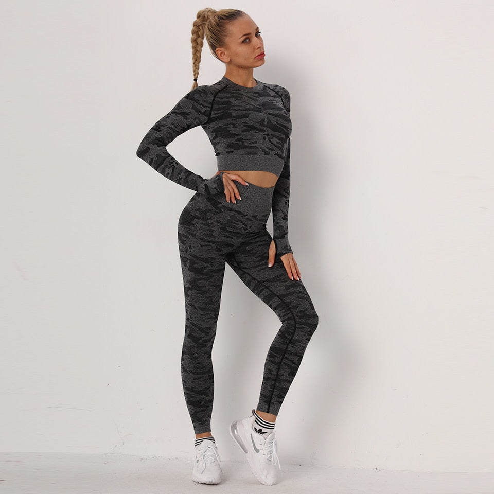 Yoga Set 2 Piece Sport Outfits Gym Activewear Long Sleeve Crop Top + Yoga Pants Running Leggings Suits Workout Tracksuits Vimost Shop